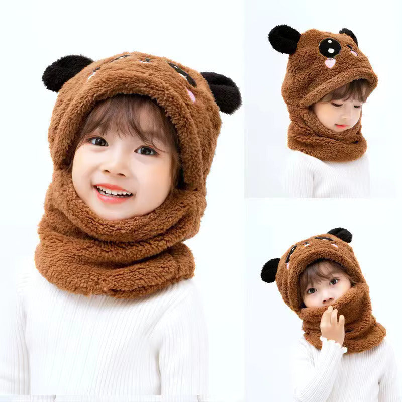 New Autumn and Winter Cute Children Cartoon Scarf Hat Two-piece Double Fleece Warmth Boy Girl Child Adult Parent-child Baby Hat